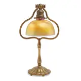 Harp Desk Lamp by Tiffany Studios, dore patinated bronze, Favrile glass shade, base stamped 'TIFFANY STUDIOS NEW YORK 424' on underside, incised 'L, offered Oct 2023