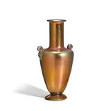 Vase by Tiffany Studios, Favrile glass with applied handles and later bronze work to the foot,, sold Oct 2023