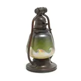Tiffany Studios, Slender Harp Desk Lamp, patinated bronze, Favrile glass, shade incised 'L