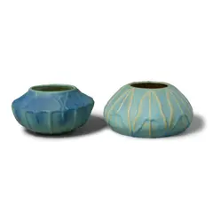 Two Bowls by Van Briggle Pottery, glazed earthenware, the smaller signed with firm's mark and incised 'VAN BRIGGLE Colo, sold Oct 2023