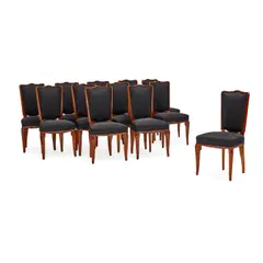 André Arbus, Set of Twelve Dining Chairs, carved mahogany, upholstery, apparently unsigned