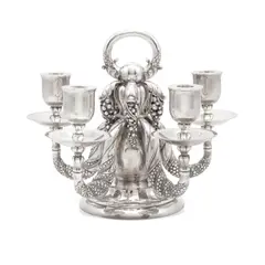 Georg Jensen, Five-Light 'Grape' Candelabrum, model 383A, sterling silver, stamped 'DENMARK GEORG JENSEN STERLING 383A' on the underside