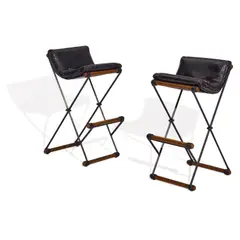 Cleo Baldon, Two Backless Bar Stools, for Terra, faux leather, powder-coated wrought iron, oak