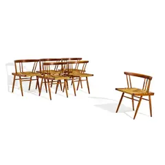 George Nakashima, Set of Six Grass Seated Chairs, cherry, woven sea grass