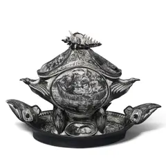 David Regan, Lewis and Clark Tureen, sgaraffito decorated porcelain, tray signed and dated 'Regan 1994', tureen signed and dated 'Regan 1993'