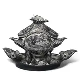 David Regan, Lewis and Clark Tureen, sgaraffito decorated porcelain, tray signed and dated 'Regan 1994', tureen signed and dated 'Regan 1993'