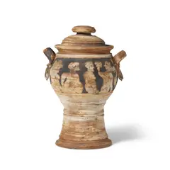 Tall Pot with Lid (Figures) by Viola Frey, glazed and incised ceramic, sold Oct 2023