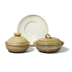 Viola Frey, Casserole (Beige Glaze), Casserole (With handles), and White Plate, Casserole (Beige Glaze), Casserole (With handles), and White Plate