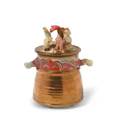 Viola Frey, Pot with Lid (Animals and Nude), glazed earthenware, signed 'FREY' on underside
