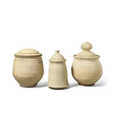 Three Pots with Lids by Viola Frey, glazed ceramic, sold Oct 2023