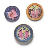 Viola Frey, Plate (Blue Rim with Nude Ladies), Plate (Lady and Dog Theme, Blue and Purple), Plate (Nude Ladies, Gold and Pink), glazed ceramic