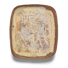Viola Frey, Rectangular Plate (Monkey Theme), glazed and painted ceramic with bronze luster