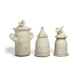 Viola Frey, Three Pots with Lids, glazed ceramic, one urn with label signed 'VIOLA FREY' and inscribed 'CCAC OAKLAND, CAL' on underside