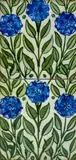Two-Tile Floral Panel by William De Morgan, painted with three leafy blue flowers, glazed earthenware, stamped ARCHITECTURAL POTTERY, sold Dec 2023