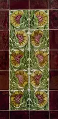 Ten-Tile Floral Panel by William De Morgan, painted with flowers with ruffled petals, glazed earthenware, surrounded by border tiles, framed, offered Dec 2023