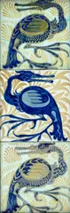 Important Three-Tile 'Long-Clawed Bird' Panel by William De Morgan, each depicting a stylized bird decorated in triple lustre, glazed earthenware, framed, sold Dec 2023