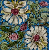 Four-Tile Floral Panel by William De Morgan, naturalistically painted with flowers and foliage on a turquoise background, glazed earthenware, framed, sold Dec 2023