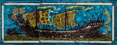 Three-Tile 'Ship' Panel by William De Morgan, depicting a three-masted ship in full sail, polychrome-glazed earthenware, surrounded by border tiles, framed, sold Dec 2023