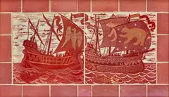 Two-Tile 'Fighting Ships' Panel by William De Morgan, painted in red lustre with two ships at fight in tumultuous waters, glazed earthenware, surrounded by border tiles, fram, sold Dec 2023