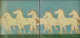 Two-Tile 'Horses' Panel by Grueby Faience Company, decorated with white prancing horses in cuenca, glazed earthenware, framed, sold Dec 2023