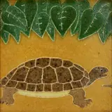 'Turtle' Tile by Grueby Faience Company, depicting a turtle under leaves, glazed earthenware, framed, sold Dec 2023
