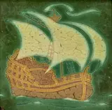 'Ship' Tile by Grueby Faience Company, depicting a full-rigged ship, glazed earthenware, artist's signature M, sold Dec 2023