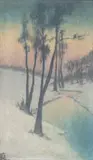 'Winter' Plaque by Rookwood Pottery, decorated by Sarah Elizabeth Coyne, vellum-glazed earthenware depicting a scenic landscape, signed 'SEC', sold Dec 2023