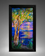 Lake Scene and Tree Window, circa 1915, leaded and plated glass