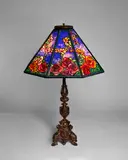 Joseph Porcelli Studios, Conical Peony, Rose and Azalea Table Lamp, leaded glass, patinated bronze, shade stamped 'Porcelli', base stamped 'TIFFANY STUDIOS 654'
