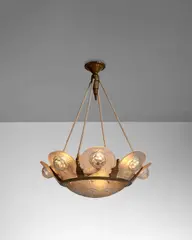 Simonet Frères, Chandelier, silvered bronze, cast and acid-frosted glass