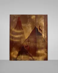 Pierre Dunand, 'Chamois', An Important Pair of Articulated Doors, one side depicting a hunt scene, the other of two deer on a mountain side, lacquered wood, patinated bronze, lacquer mark 'PIERRE DUNAND'