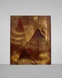 Pierre Dunand, 'Chamois', An Important Pair of Articulated Doors, one side depicting a hunt scene, the other of two deer on a mountain side, lacquered wood, patinated bronze, lacquer mark 'PIERRE DUNAND'