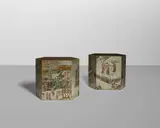 Pair of 'Spring Festival' Occasional Tables by Philip and Kelvin Laverne, acid-etched, enameled and patinated brass and pewter, acid-etched facsimile signature to each 'Philip Kelvin LaVerne', sold Dec 2023