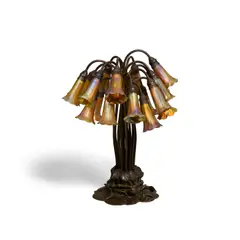 Tiffany Studios, Eighteen Light Lily Table Lamp, Favrile shades, patinated bronze, each shade incised 'L