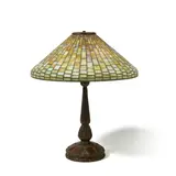 Yellow Plain Squares Lamp with Pad Design Base by Tiffany Studios, leaded glass, patinated bronze, shade stamped 'TIFFANY STUDIOS NEW YORK 1493', sold Jul 2023