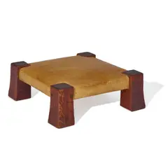 Monk Stool by Gustav Stickley, model 302, oak, sheepskin cover, sold Jul 2023