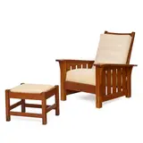 Gustav Stickley, Morris Chair, model number 324, oak, canvas upholstery, with manufacturer's red ink stamp, together with Arts and Crafts oak ottoman