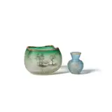 Landscape Bowl and Thistle Vase by Cristallerie Daum, acid-etched, enameled and gilt-decorated glass, each signed in gold 'Daum Nancy' with Cross of Lorraine, sold Jul 2023
