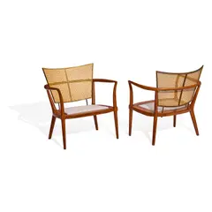 Bert England, Pair of Armchairs, for Johnson Furniture, caning, wood, patinated metal, upholstery