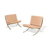 Pair of Barcelona Chairs by Ludwig Mies van der Rohe, for Knoll International, chromed steel, leather, sold Jul 2023