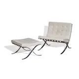 Barcelona Chair and Ottoman by Ludwig Mies van der Rohe, for Knoll International, chromed steel, leather, each with Knoll sticker, sold Jul 2023