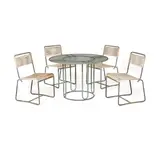 Walter Lamb, Circular Patio Table and Four Chairs, for Brown Jordan, bronze tubing, rope cord, glass