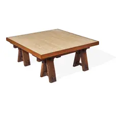 Vladimir Ossipoff, Custom Coffee Table, travertine top with teak border, stained pine legs