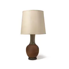 Mid-Century Modern, Two Lamps, glazed stoneware, fabric shades