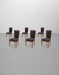Set of Twelve Dining Chairs by André Arbus, carved mahogany, upholstery, apparently unsigned, offered Jun 2023