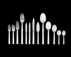 Jean E Puiforcat, Eighteen-Place Setting "Monaco' Flatware Service, Sterling silver, in a fitted mahogany chest