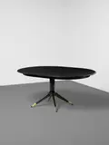 Melchiorre Bega, Dining Suite, comprising an extending dining table and two extension leaves and a set of eight dining chairs, lacquered walnut, brass, upholstery