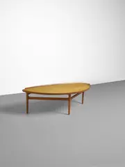 Coffee Table by Finn Juhl, for Baker Furniture, fiddle back maple, teak, brass label 'Baker Furniture', sold Jun 2023