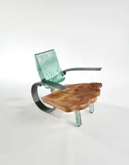 Danny Lane, Unique Greenback Chair, steel, float glass, knotted elm, five pence coin, ink mark 'Danny Lane 97 1/1'