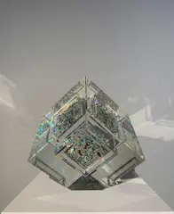 Mountain Berries Cube by Jon Kuhn, ground and polished laminate glass, sold Jun 2023